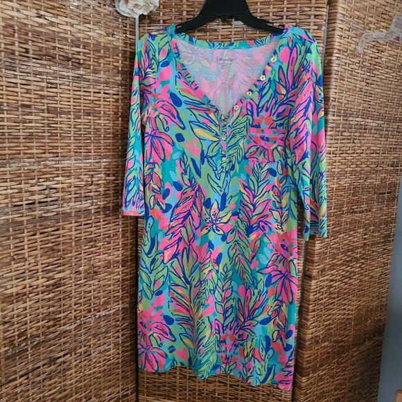 LILLY PULITZER Palmetto Dress Pink ¾” Sleeve Knee Length Button Pocket - Picture 2 of 9